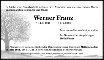 Traueranzeige von Werner Franz von Peiner Allgemeine Zeitung