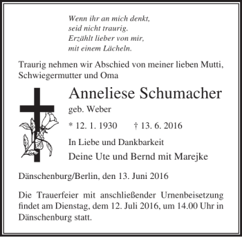 Traueranzeigen von Anneliese Schumacher | trauer-anzeigen.de