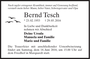 Traueranzeige von Bernd Tesch von MAZ-Trauer.de