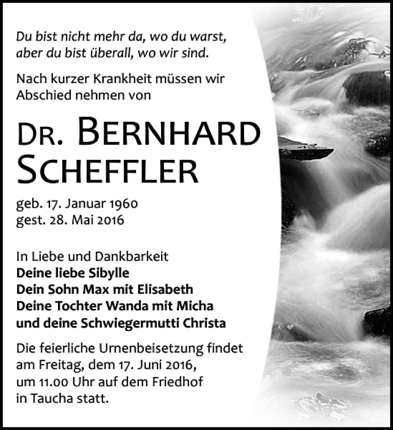  Traueranzeige für Bernhard Scheffler vom 04.06.2016 aus Leipziger Volkszeitung