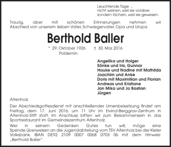 Traueranzeige von Berthold Baller von Kieler Nachrichten / Segeberger Zeitung