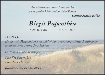 Traueranzeige von Birgit Papenthin von Ostsee-Zeitung