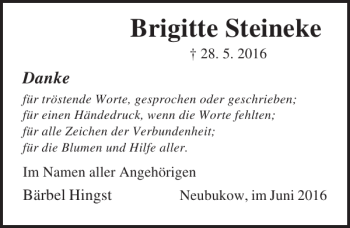 Traueranzeige von Brigitte Steineke von Ostsee-Zeitung
