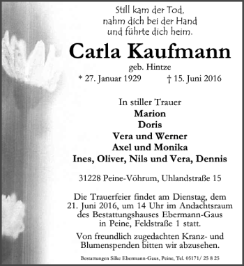Traueranzeige von Carla Kaufmann von Peiner Allgemeine Zeitung