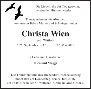 Traueranzeige von Christa Wien von Lübecker Nachrichten