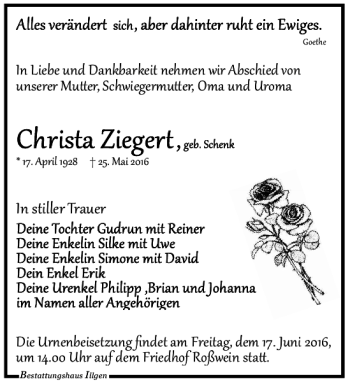 Traueranzeige von Christa Ziegert von Leipziger Volkszeitung
