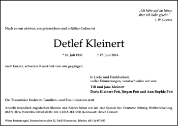 Traueranzeige von Detlef Kleinert von HAZ/NP