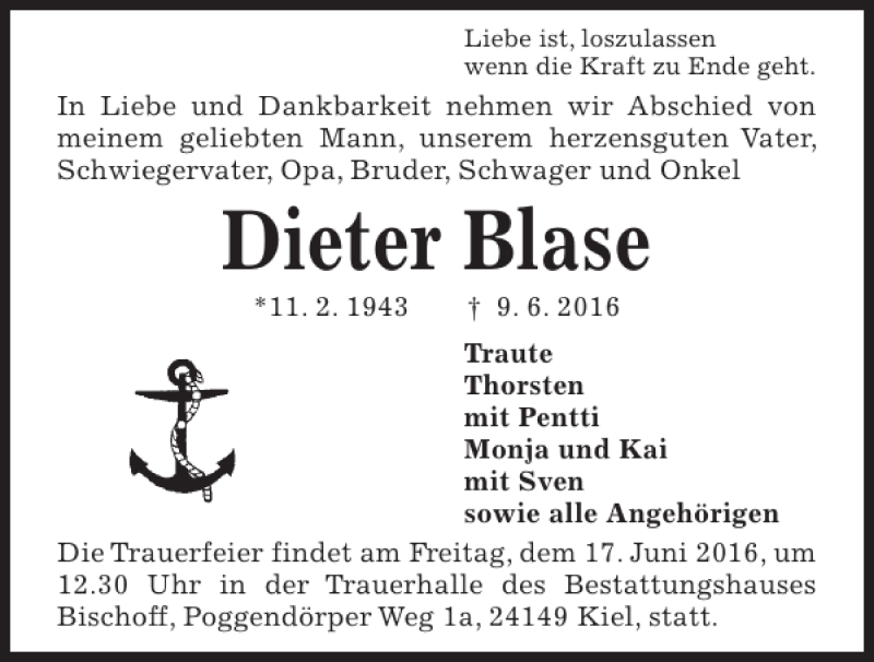  Traueranzeige für Dieter Blase vom 11.06.2016 aus Kieler Nachrichten / Segeberger Zeitung