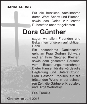 Traueranzeige von Dora Günther von Ostsee-Zeitung