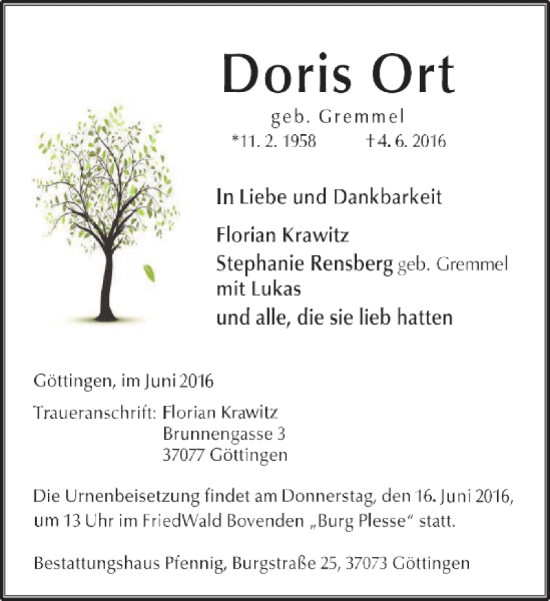  Traueranzeige für Doris Ort vom 11.06.2016 aus Göttinger Tageblatt