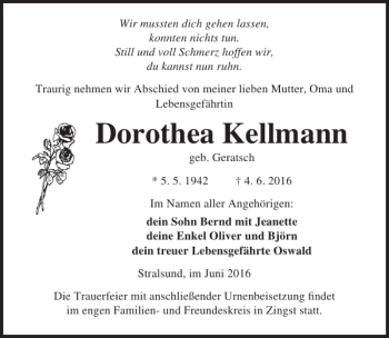 Traueranzeige von Dorothea Kellmann von Ostsee-Zeitung