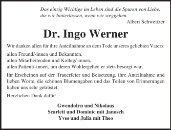 Traueranzeige von Dr. Ingo Werner von Lübecker Nachrichten