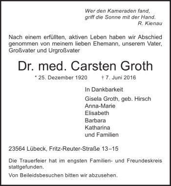 Traueranzeige von Dr. med. Carsten Groth von Lübecker Nachrichten