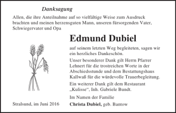 Traueranzeige von Edmund Dubiel von Ostsee-Zeitung