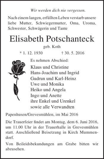 Traueranzeige von Elisabeth Potschanteck von Ostsee-Zeitung