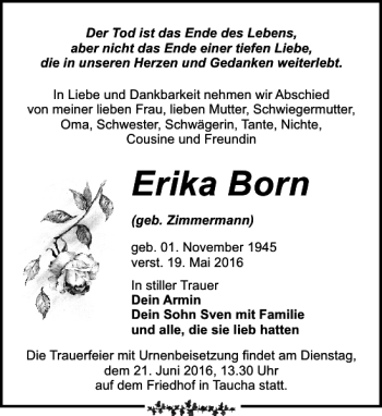 Traueranzeige von Erika Born von Leipziger Volkszeitung