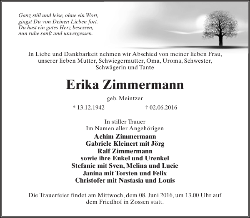  Traueranzeige für Erika Zimmermann vom 04.06.2016 aus MAZ-Trauer.de