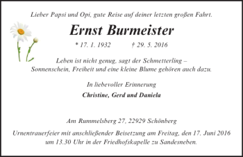 Traueranzeige von Ernst Burmeister von Lübecker Nachrichten