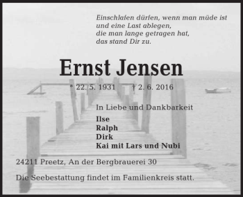 Traueranzeige von Ernst Jensen von Kieler Nachrichten / Segeberger Zeitung