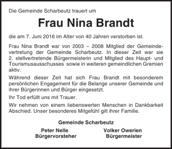 Traueranzeige von Frau Nina Brandt von Lübecker Nachrichten