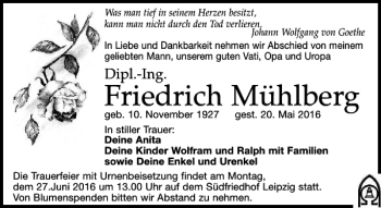 Traueranzeige von Friedrich Mühlberg von Leipziger Volkszeitung