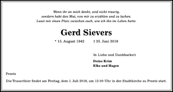 Traueranzeige von Gerd Sievers von Kieler Nachrichten / Segeberger Zeitung