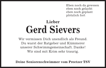 Traueranzeige von Gerd Sievers von Kieler Nachrichten / Segeberger Zeitung