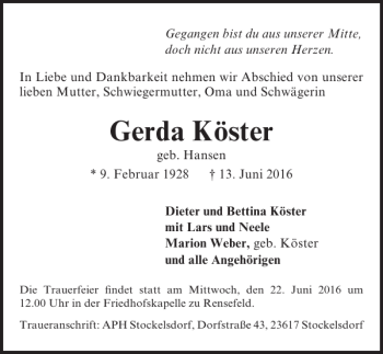Traueranzeige von Gerda Köster von Lübecker Nachrichten