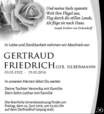 Traueranzeige von Gertraud Friedrich von Leipziger Volkszeitung