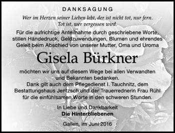 Traueranzeige von Gisela Bürkner von Leipziger Volkszeitung