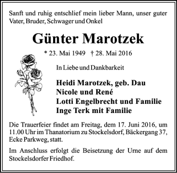 Traueranzeige von Günter Marotzek von Lübecker Nachrichten