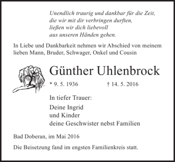 Traueranzeige von Günther Uhlenbrock von Ostsee-Zeitung