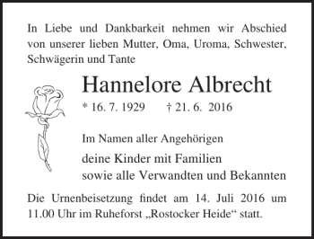 Traueranzeige von Hannelore Albrecht von Ostsee-Zeitung