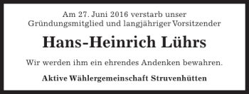 Traueranzeige von Hans-Heinrich Lührs von Kieler Nachrichten / Segeberger Zeitung