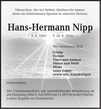 Traueranzeige von Hans-Hermann Nipp von Kieler Nachrichten / Segeberger Zeitung