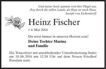 Traueranzeige von Heinz Fischer von MAZ-Trauer.de