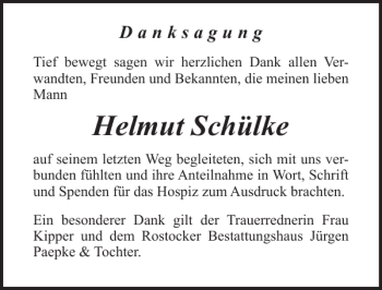 Traueranzeige von Helmut Schülke von Ostsee-Zeitung
