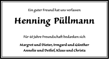 Traueranzeige von Hennig Püllmann von Peiner Allgemeine Zeitung