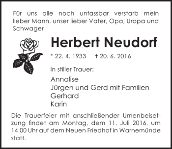 Traueranzeige von Herbert Neudorf von Ostsee-Zeitung