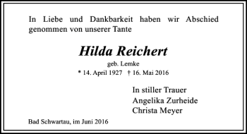 Traueranzeige von Hilda Reichert von Lübecker Nachrichten