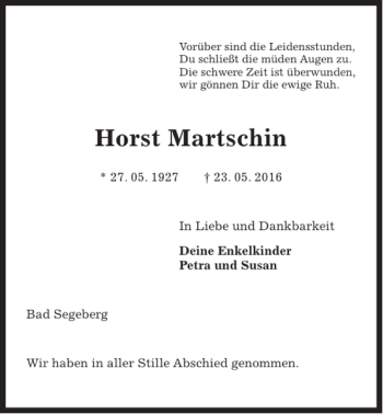 Traueranzeige von Horst Martschin von Kieler Nachrichten / Segeberger Zeitung