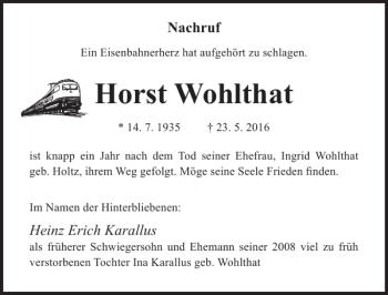 Traueranzeige von Horst Wohlthat von Ostsee-Zeitung