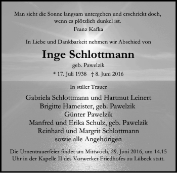 Traueranzeige von Inge Schlottmann von Lübecker Nachrichten