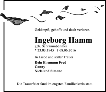 Traueranzeige von Ingeborg Hamm von Ostsee-Zeitung