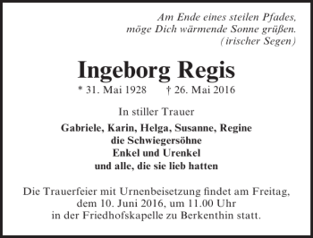 Traueranzeige von Ingeborg Regis von Lübecker Nachrichten