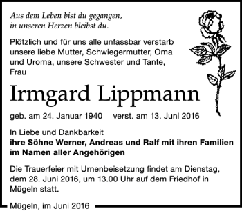 Traueranzeige von Irmgard Lippmann von Leipziger Volkszeitung