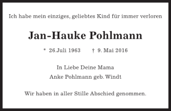 Traueranzeige von Jan-Hauke Pohlmann von Kieler Nachrichten / Segeberger Zeitung