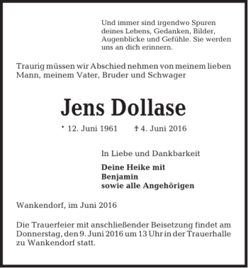 Traueranzeige von Jens Dollase von Kieler Nachrichten / Segeberger Zeitung