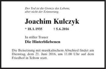 Traueranzeige von Joachim Kulczyk von MAZ-Trauer.de