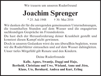 Traueranzeige von Joachim Sprenger von Lübecker Nachrichten